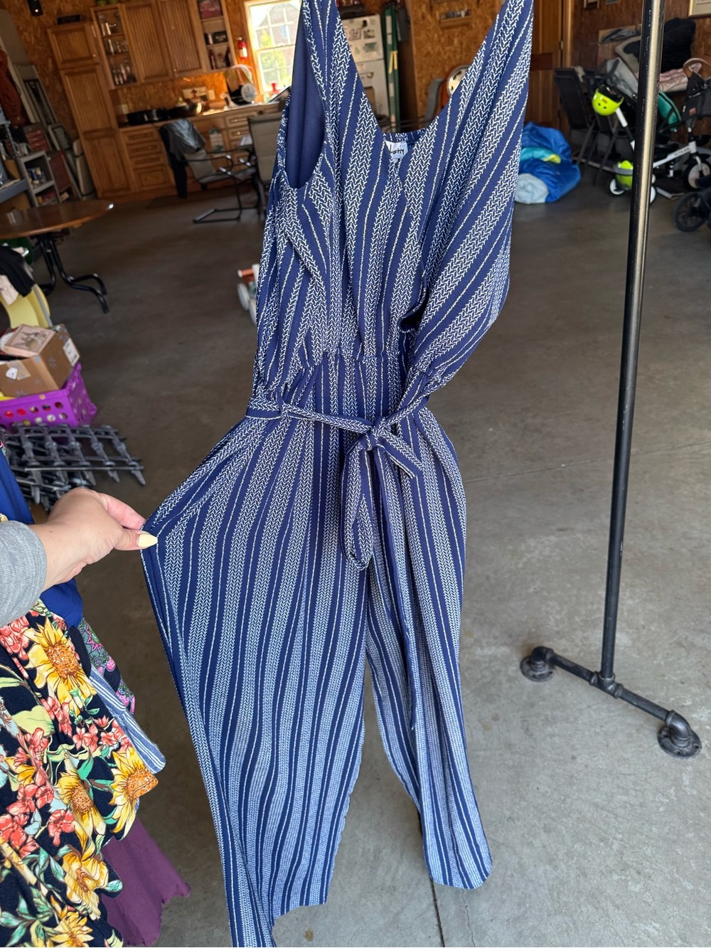Navy Striped Sleeveless Jumpsuit with Tie Waist